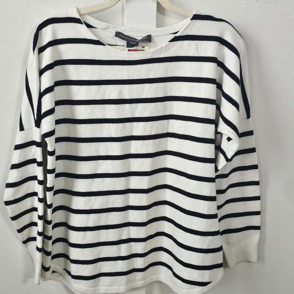 French Connection Striped Sweater S Black White Oversized Coastal Nautical